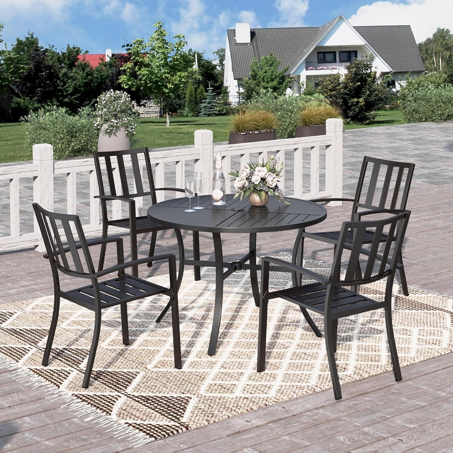 5 Piece Outdoor Patio Dining Set Metal Garden Table & Stackable Chairs