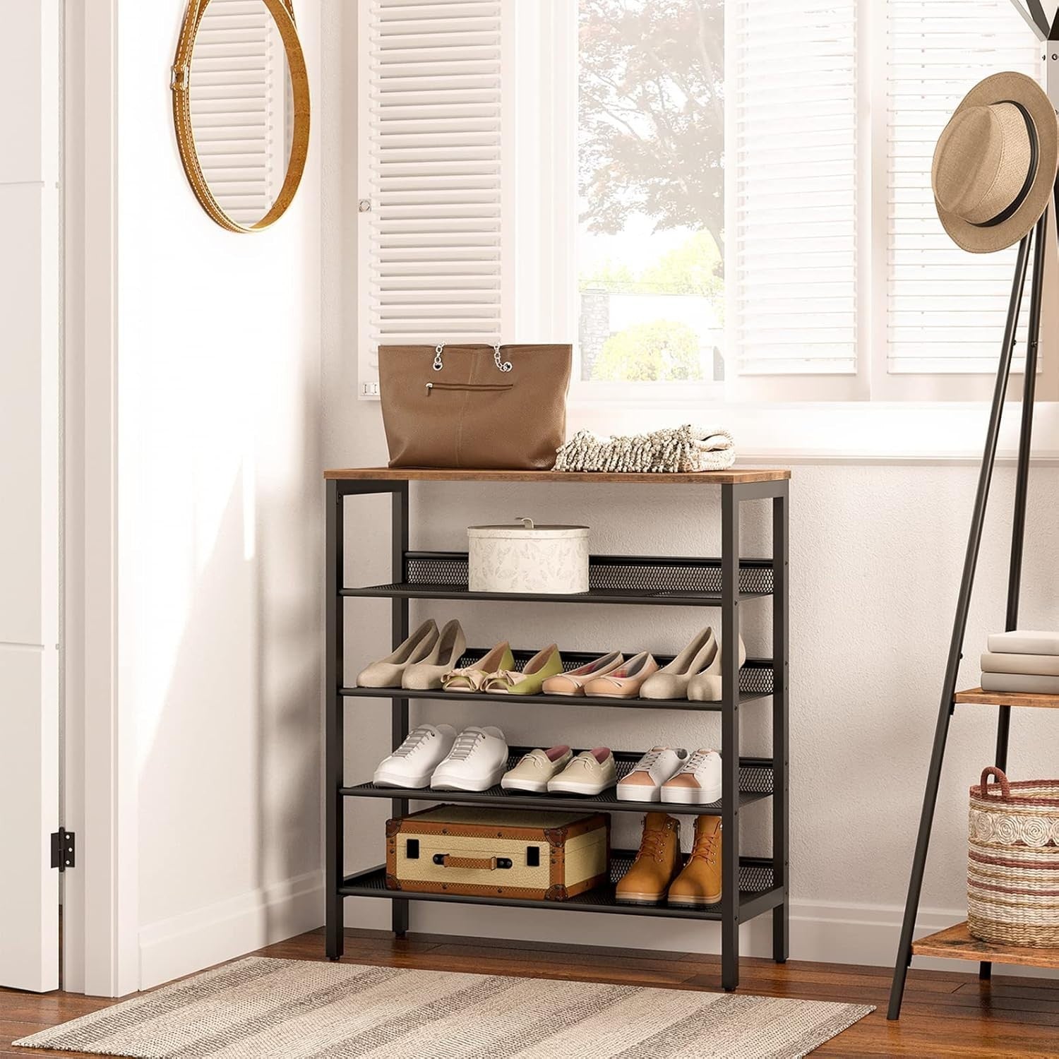 5 Tier Industrial Shoe Rack Stand, Adjustable Shelves, 75cm Wide Unit