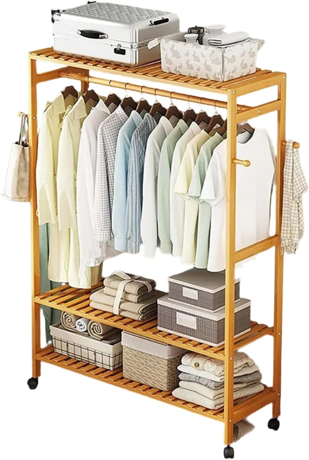 Heavy Duty Wooden Clothes Stand with Wheels, Open Wardrobe Rail