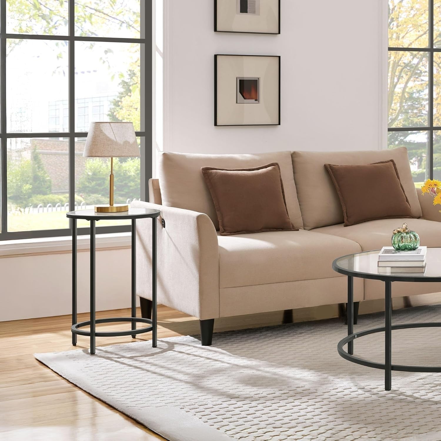 Set of 2 Round Glass Top Side Tables, Adjustable Feet, Modern Black Metal Frame