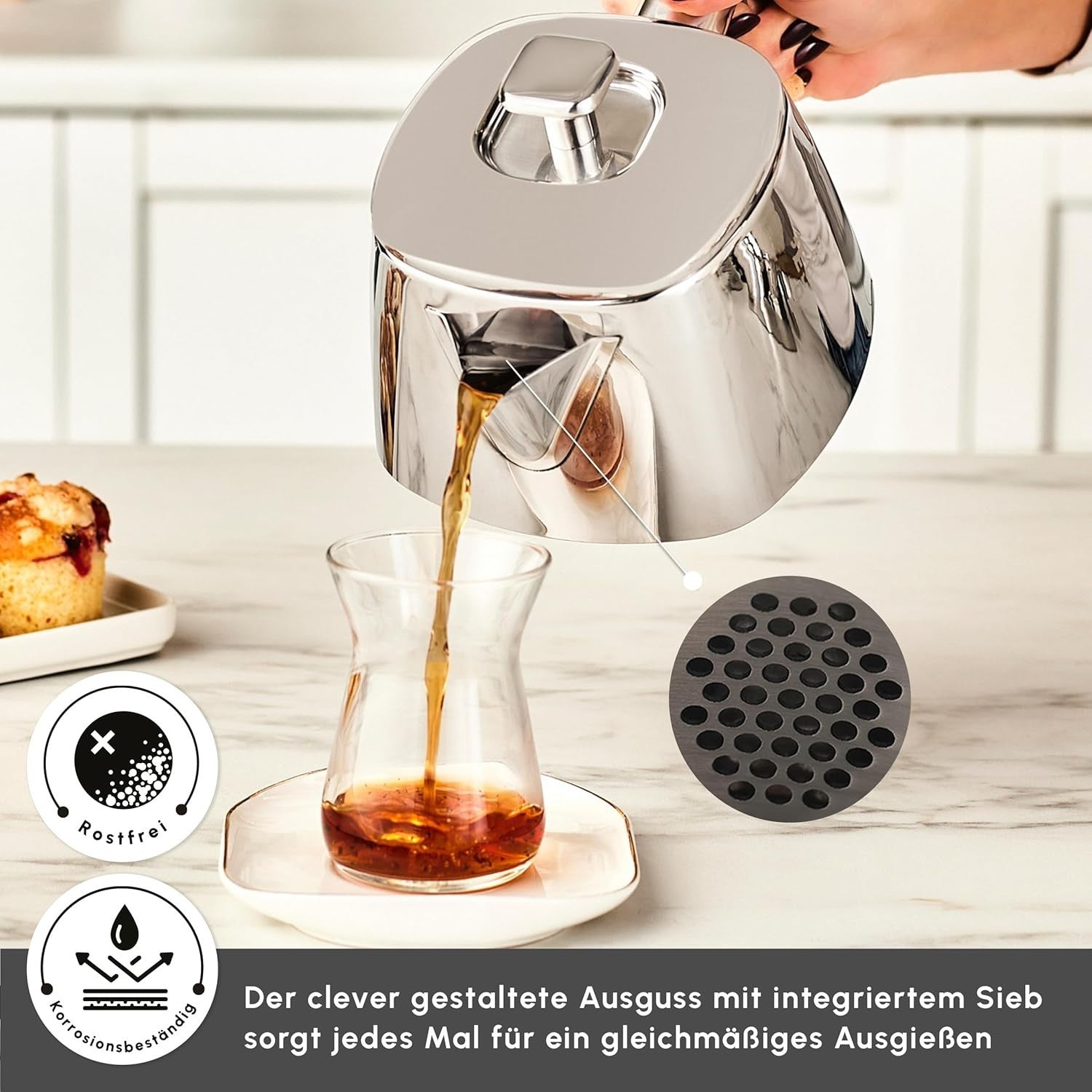 Stainless Steel Turkish Tea Maker Teapot Set Silver Dishwasher Safe