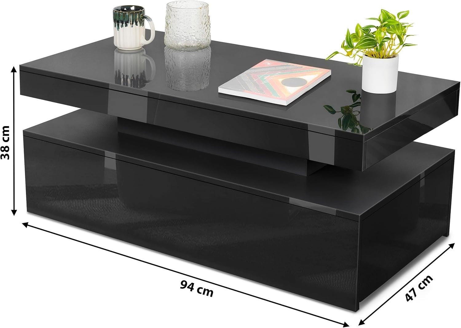 Black Gloss LED Coffee Table with Storage Drawers & Remote Lights | 94cm