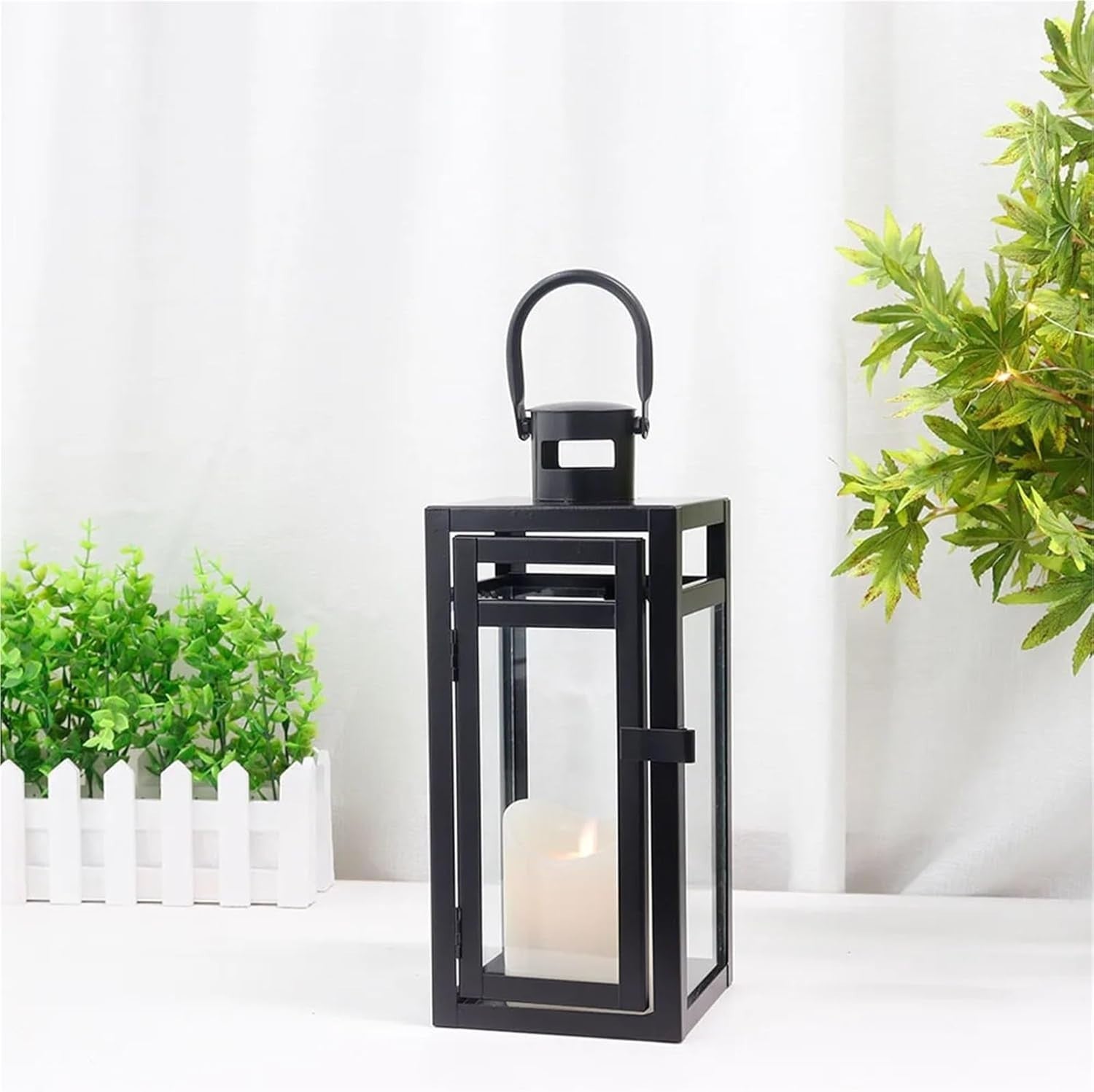 Decorative Black Metal Lantern Candle Holder with Glass for Indoor Outdoor