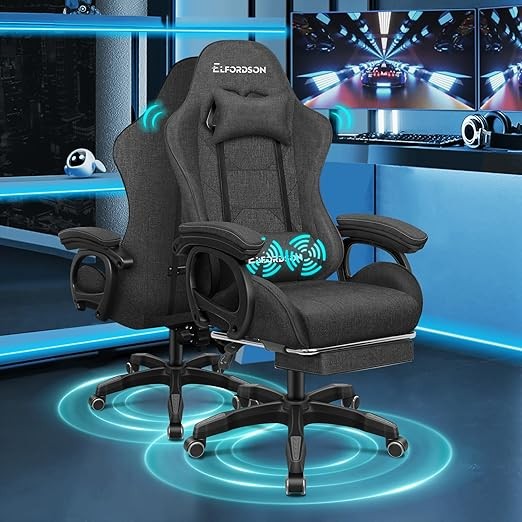 ELFORDSON Gaming Chair w/ Massage Lumbar Cushion Dark Grey