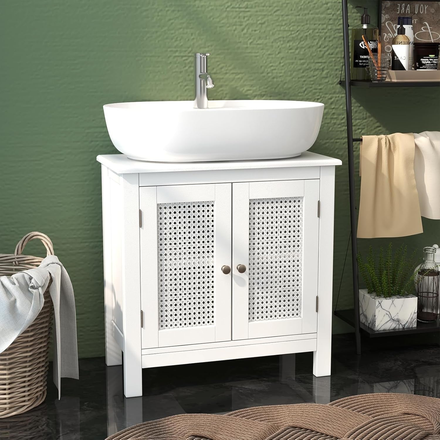 White Under Sink Bathroom Cabinet with Rattan Doors Storage Unit 60x30x60cm