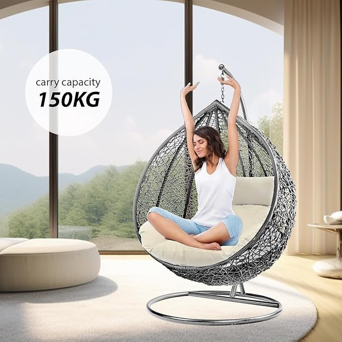 Outdoor Hanging Egg Chair with Cushion – Rattan Swing Seat, 150KG Support
