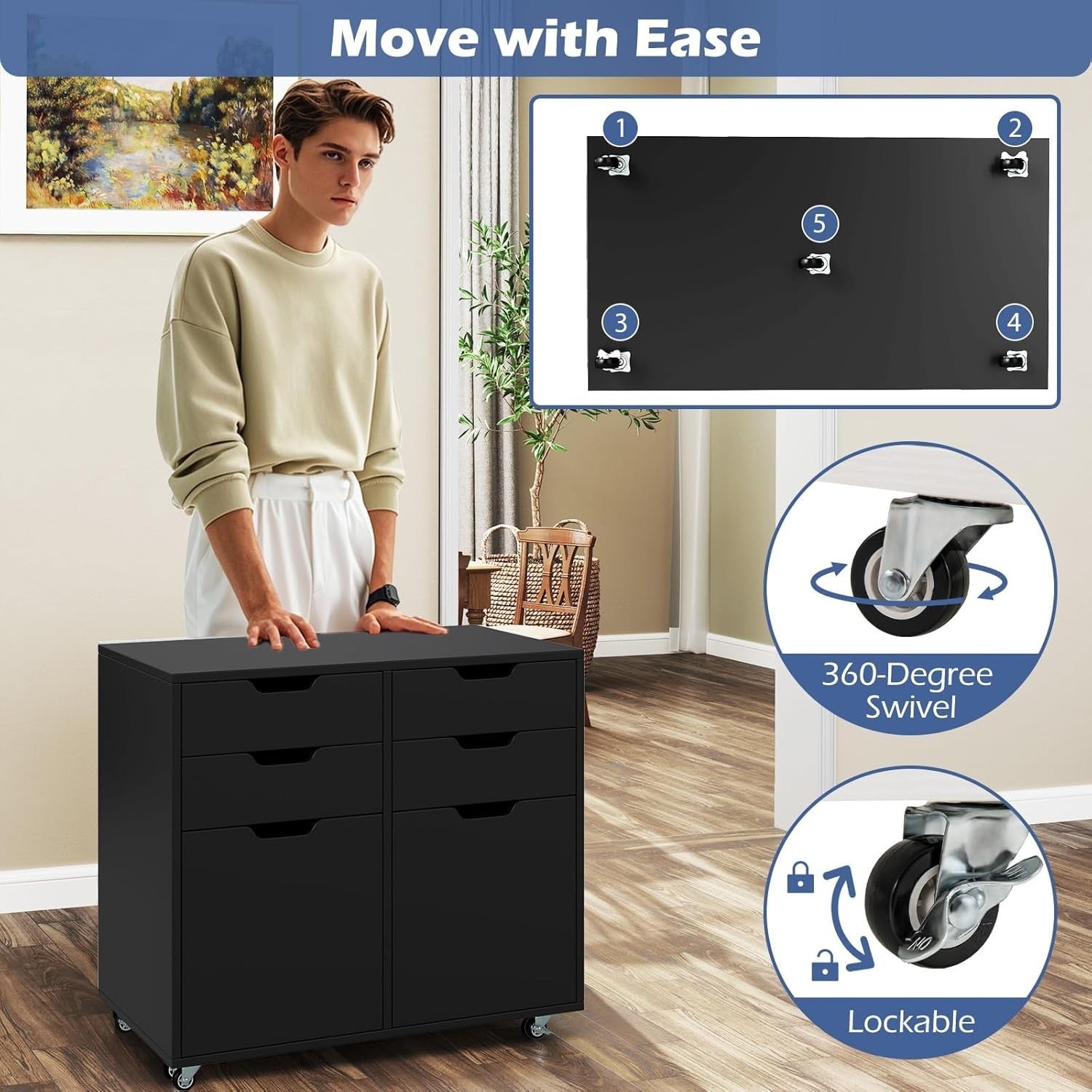 Black 4 Drawer Mobile File Cabinet 73x40x64cm Printer Stand