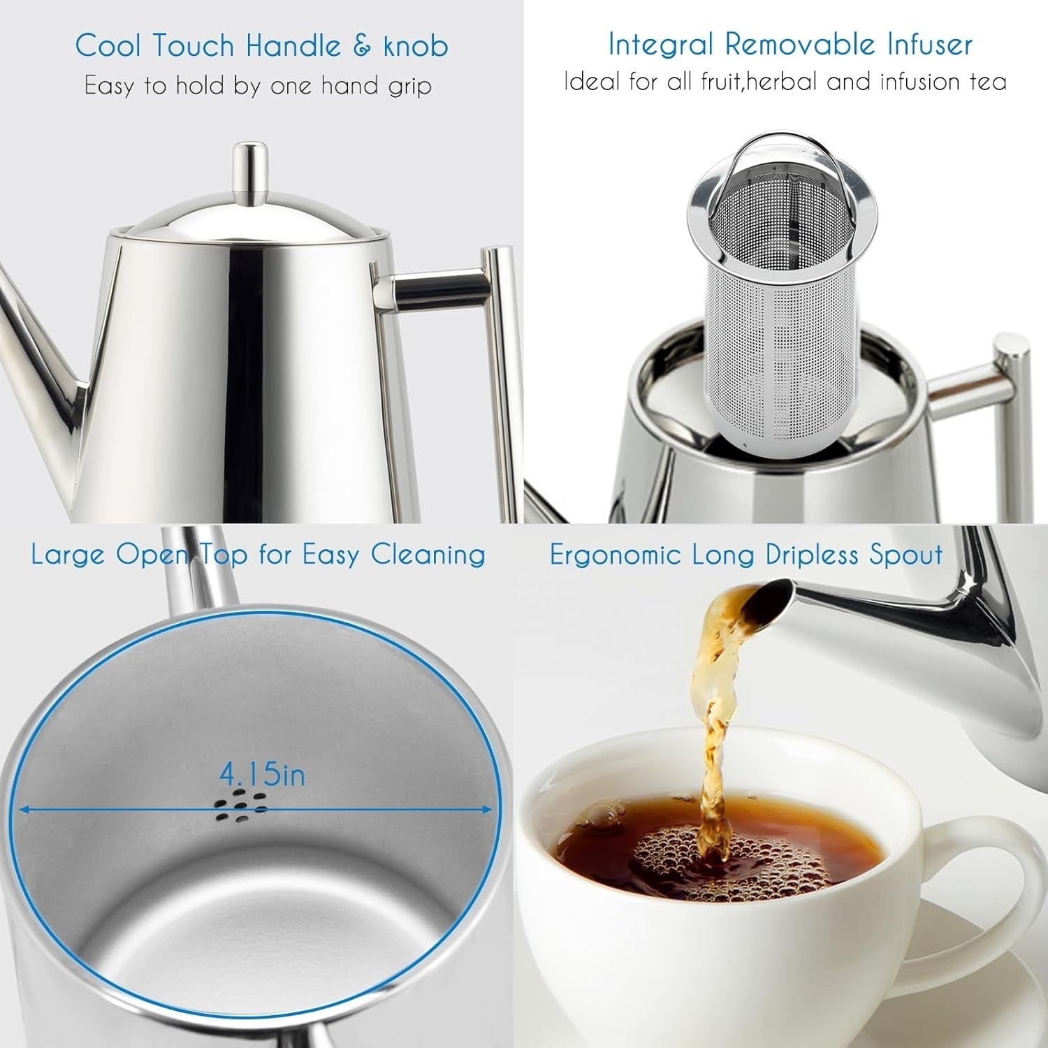 Double Wall Stainless Steel Teapot 1000ml Removable Infuser Tea Pot