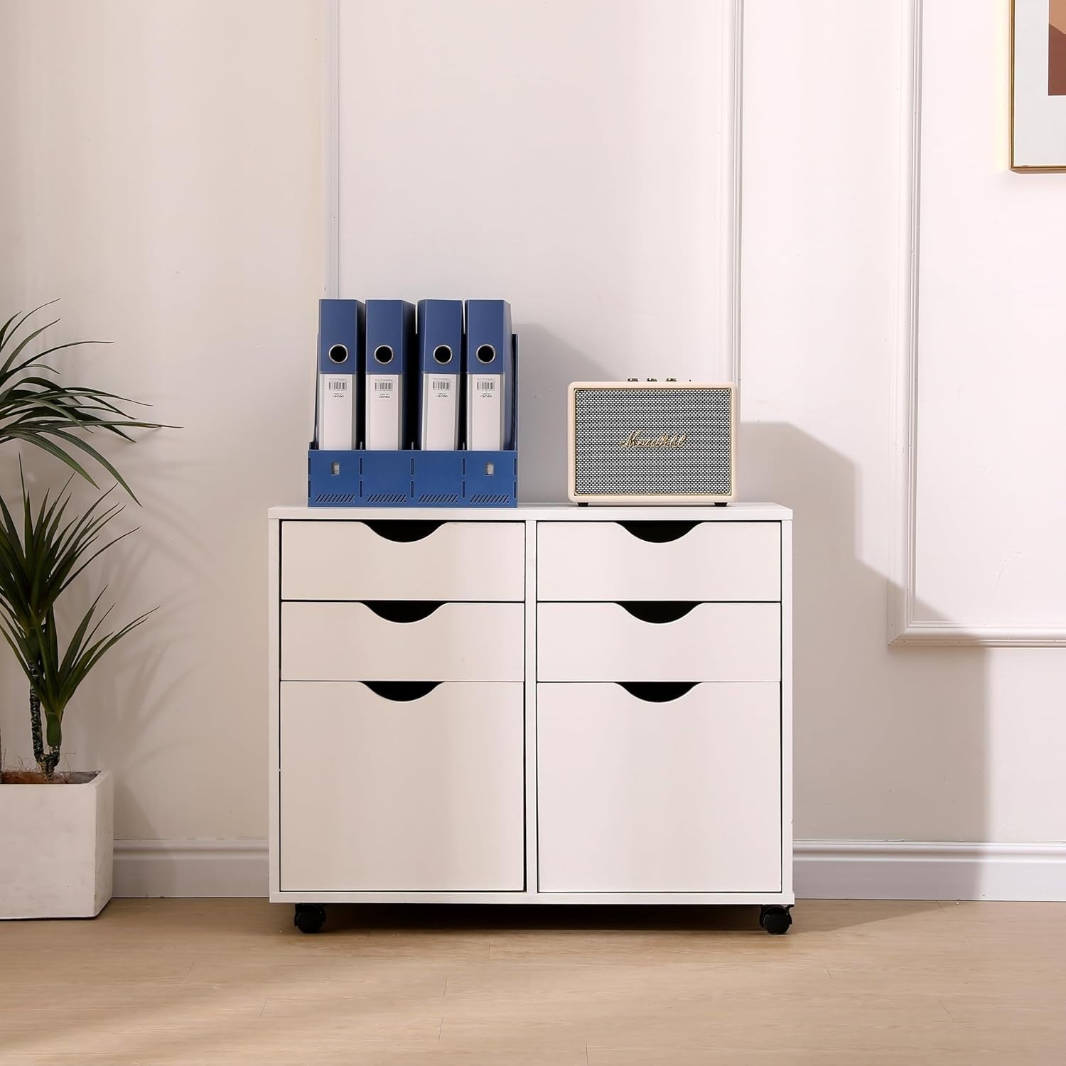 White Mobile Storage Cabinet 4 Drawer 2 Cupboard Rolling Office Unit