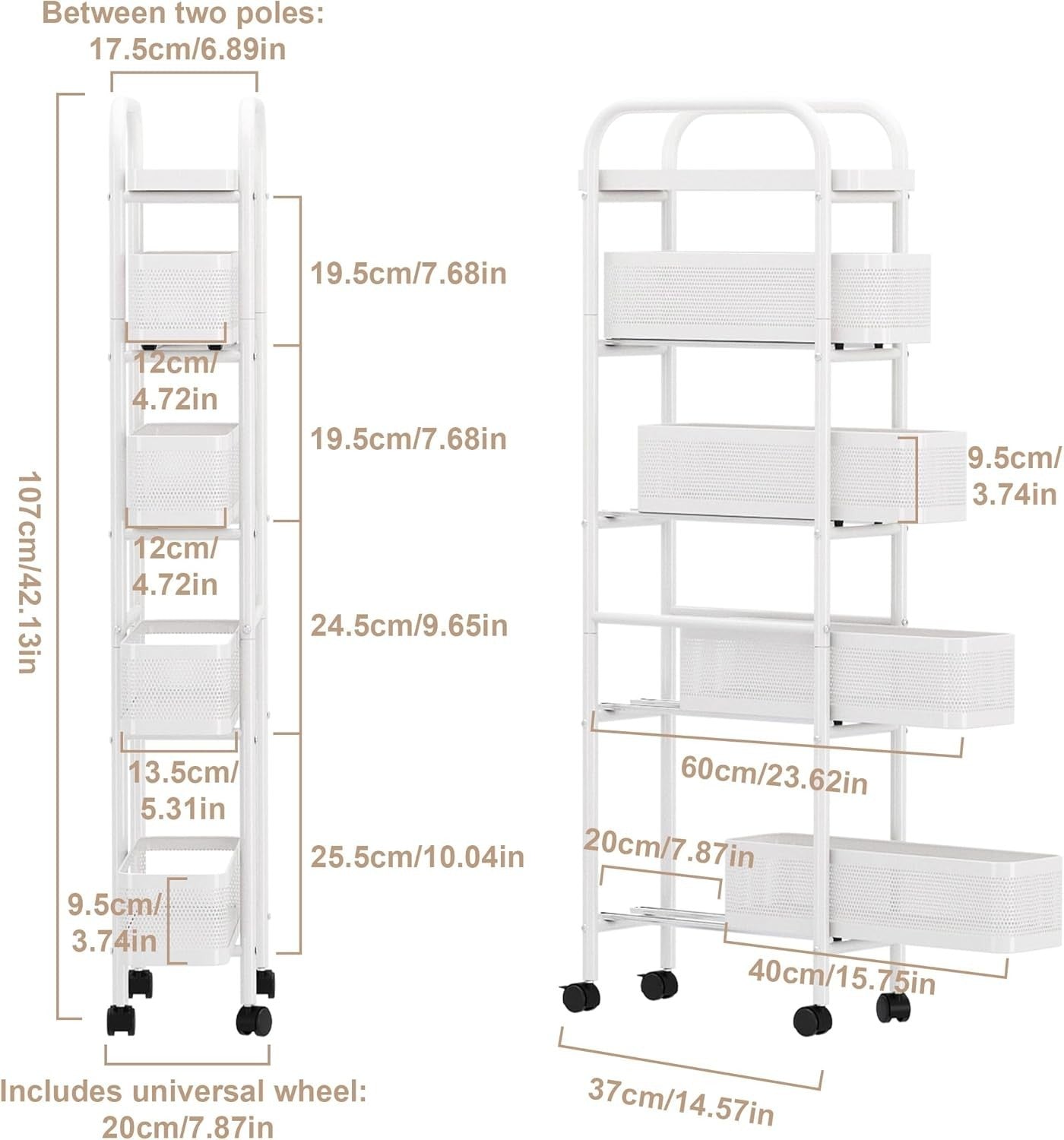 Slim 5 Tier Kitchen Storage Trolley w/ Pull Out Baskets