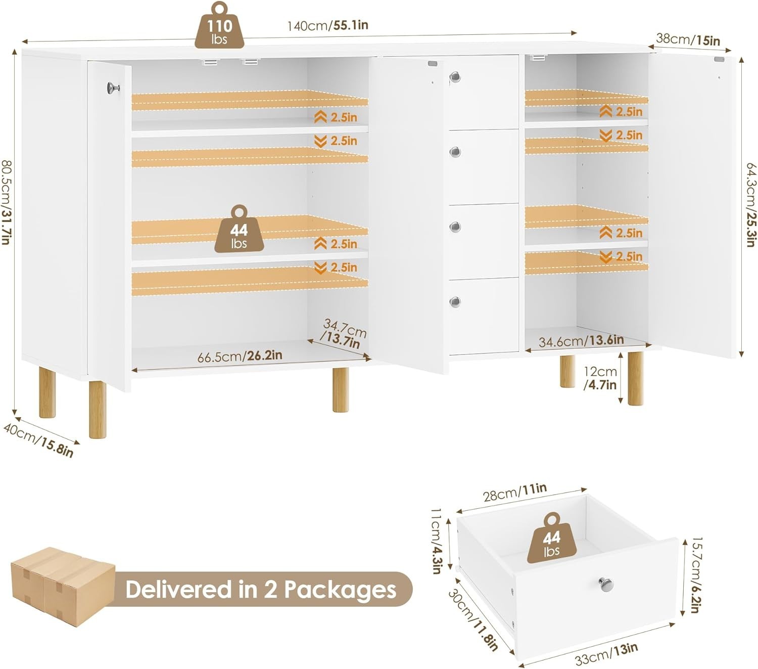 Modern White Sideboard Cabinet with Drawers & Doors 140cm Storage Unit