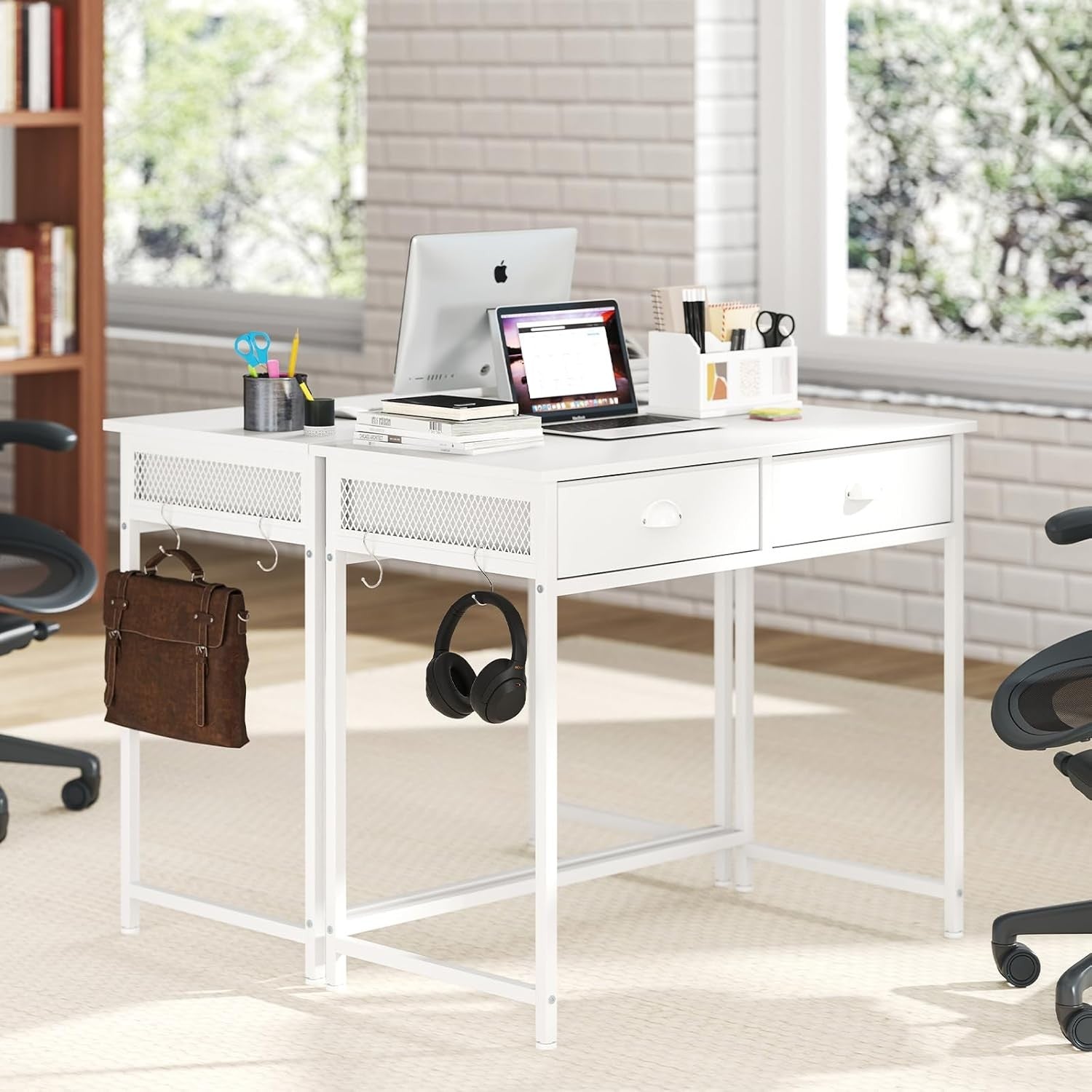 Computer Desk with Drawers White Home Office Study Table Hooks Storage