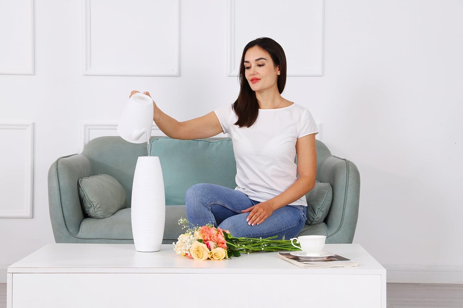 Large White Floor Vase 41cm Tall Modern Pampas Grass Home Décor