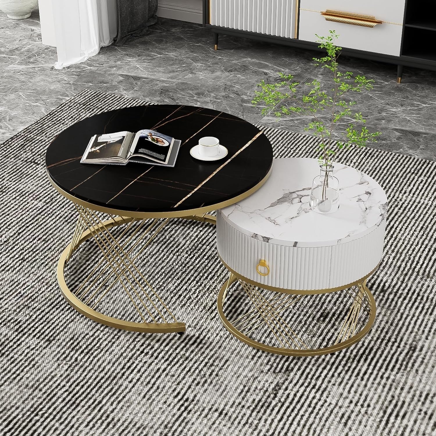 Marble Nesting Coffee Table Set with Drawer – Gold Legs, Modern & Space Saving