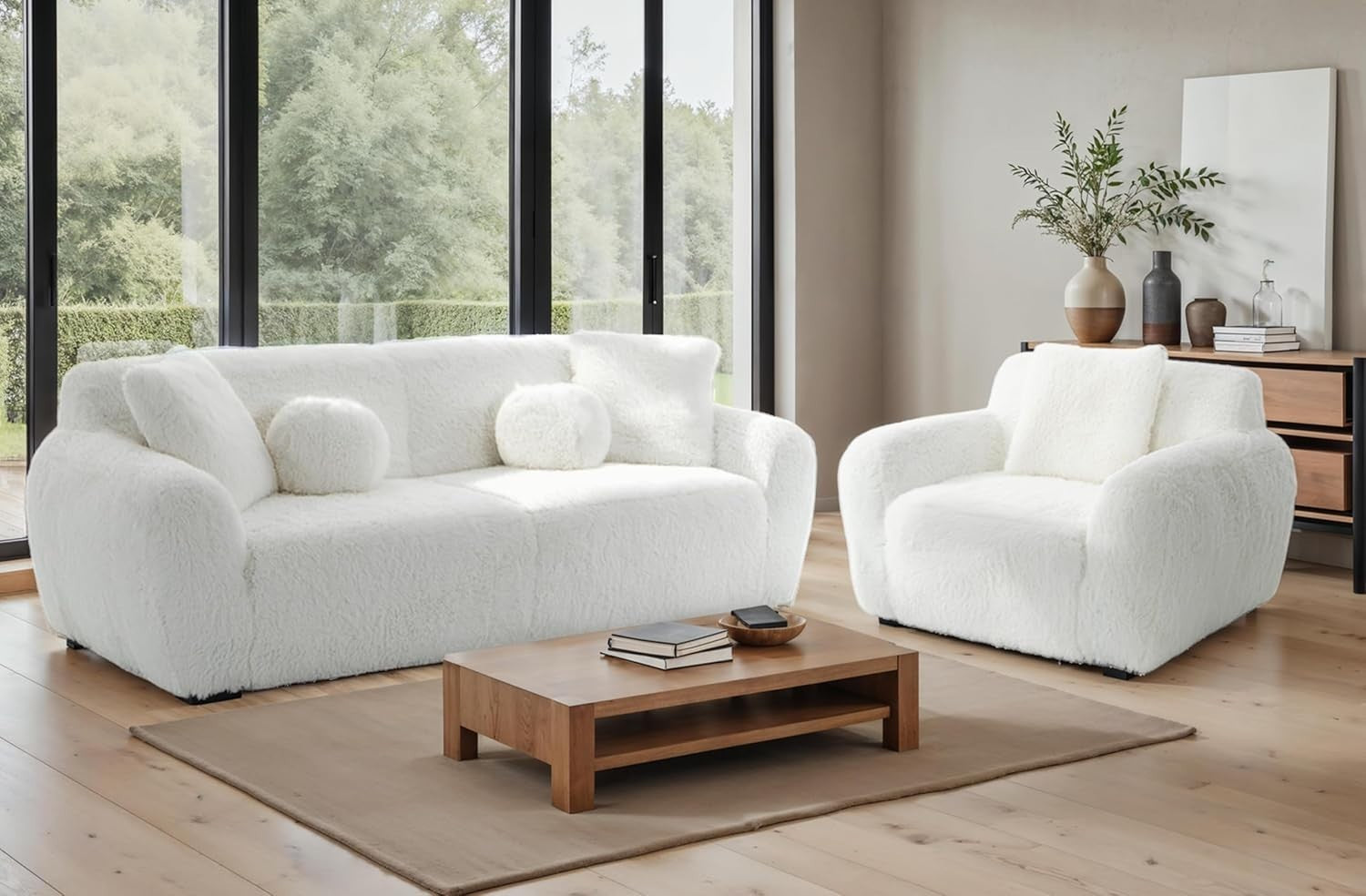 White Teddy Sofa Set 3+1 Faux Fur Deep Seat Fluffy Lounge Chair & Couch