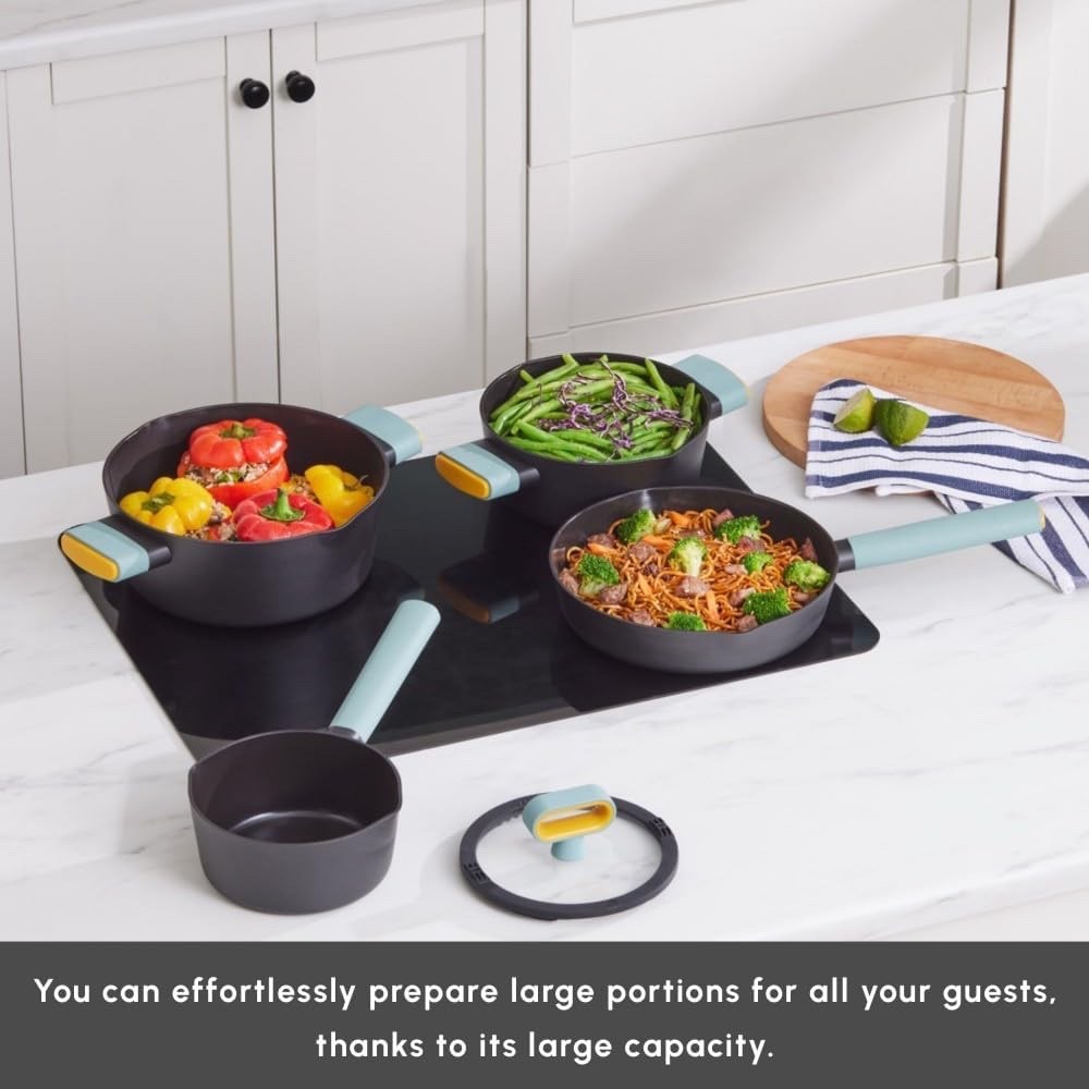 7Pcs Black Ceramic Non-Stick Cookware Set, PFAS-Free, Induction Dishwasher Safe