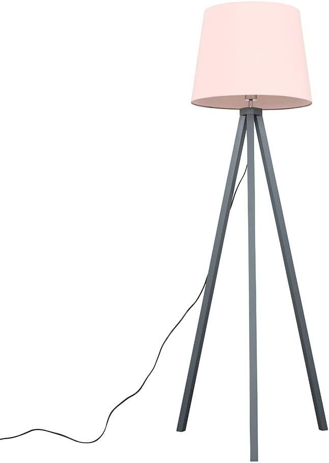 Grey Wooden Tripod Floor Lamp Pink Tapered Shade Living Room Light