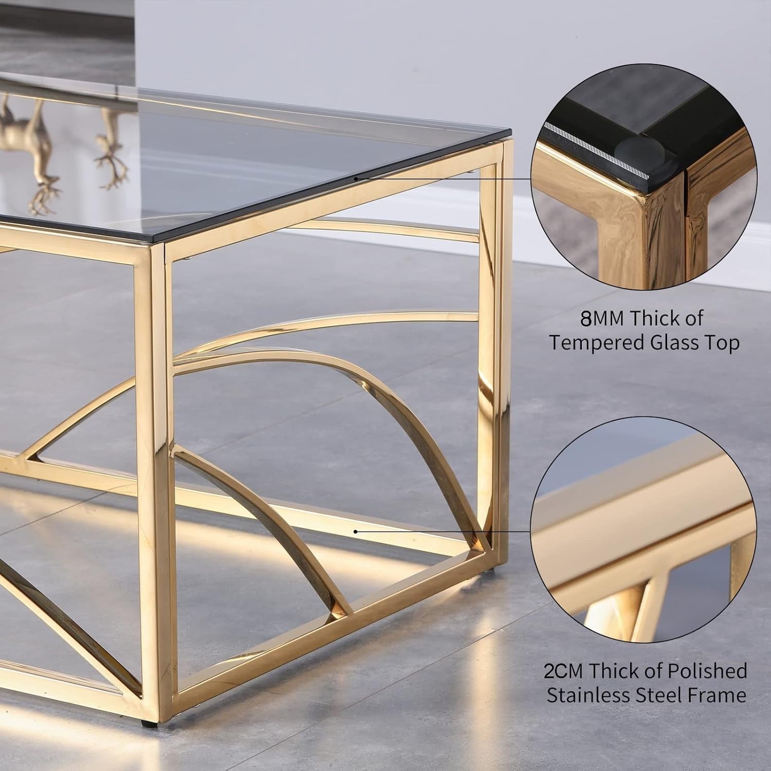 Gold Glass Coffee Table 120cm | Modern Stainless Steel Frame | Dark Grey Top