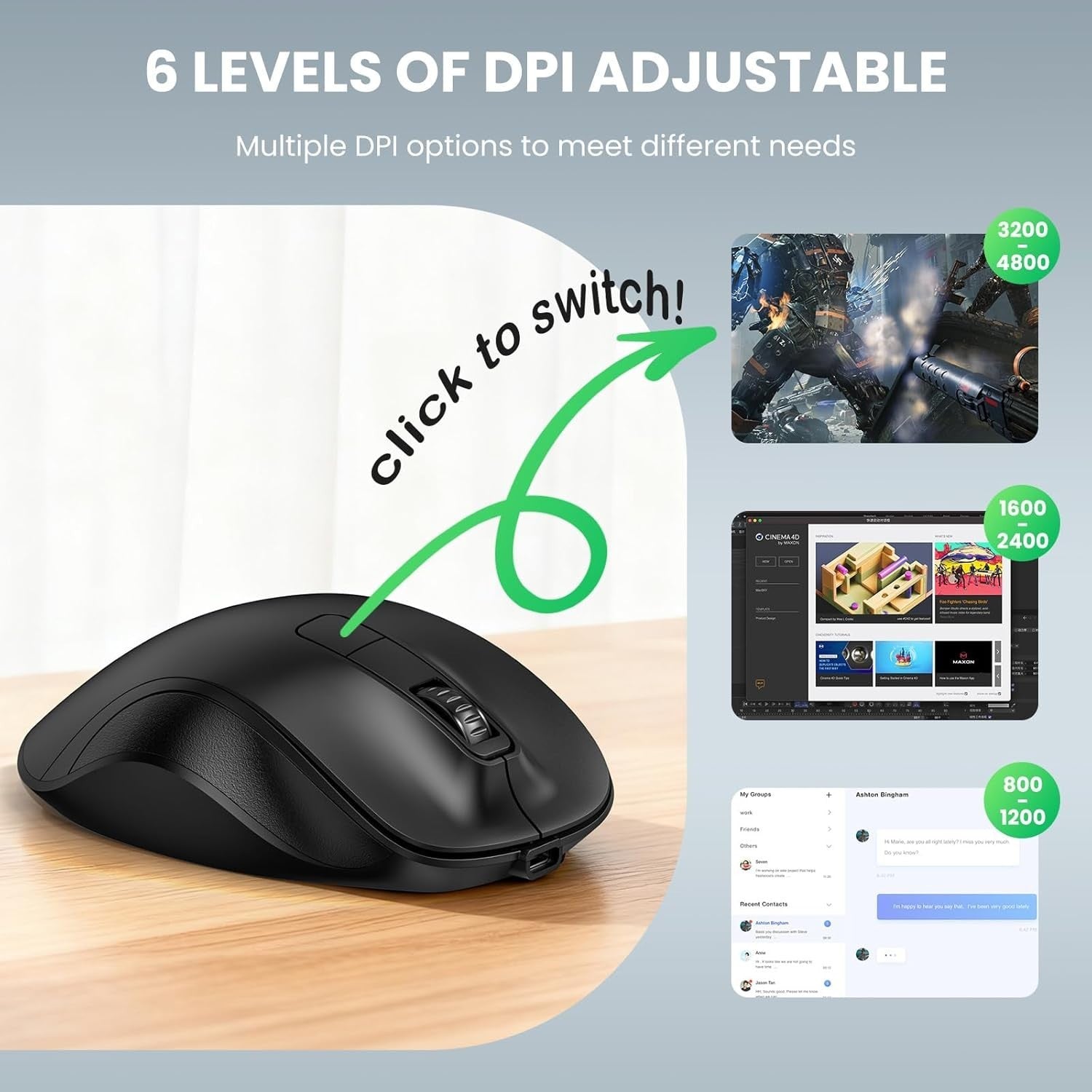 Wireless Bluetooth Mouse 4800 DPI Silent Ergonomic USB Rechargeable