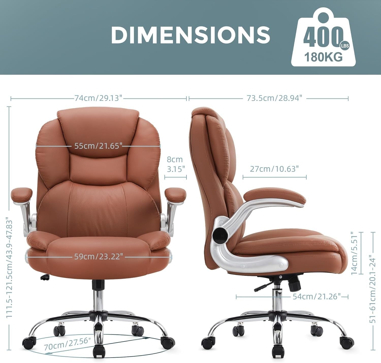 High Back Leather Office Chair Executive Memory Foam Seat Brown 400lbs Max