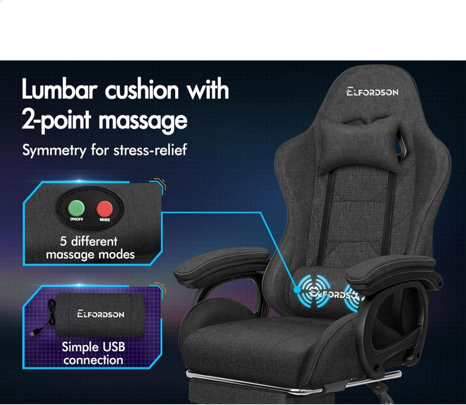 ELFORDSON Gaming Chair w/ Massage Lumbar Cushion Dark Grey