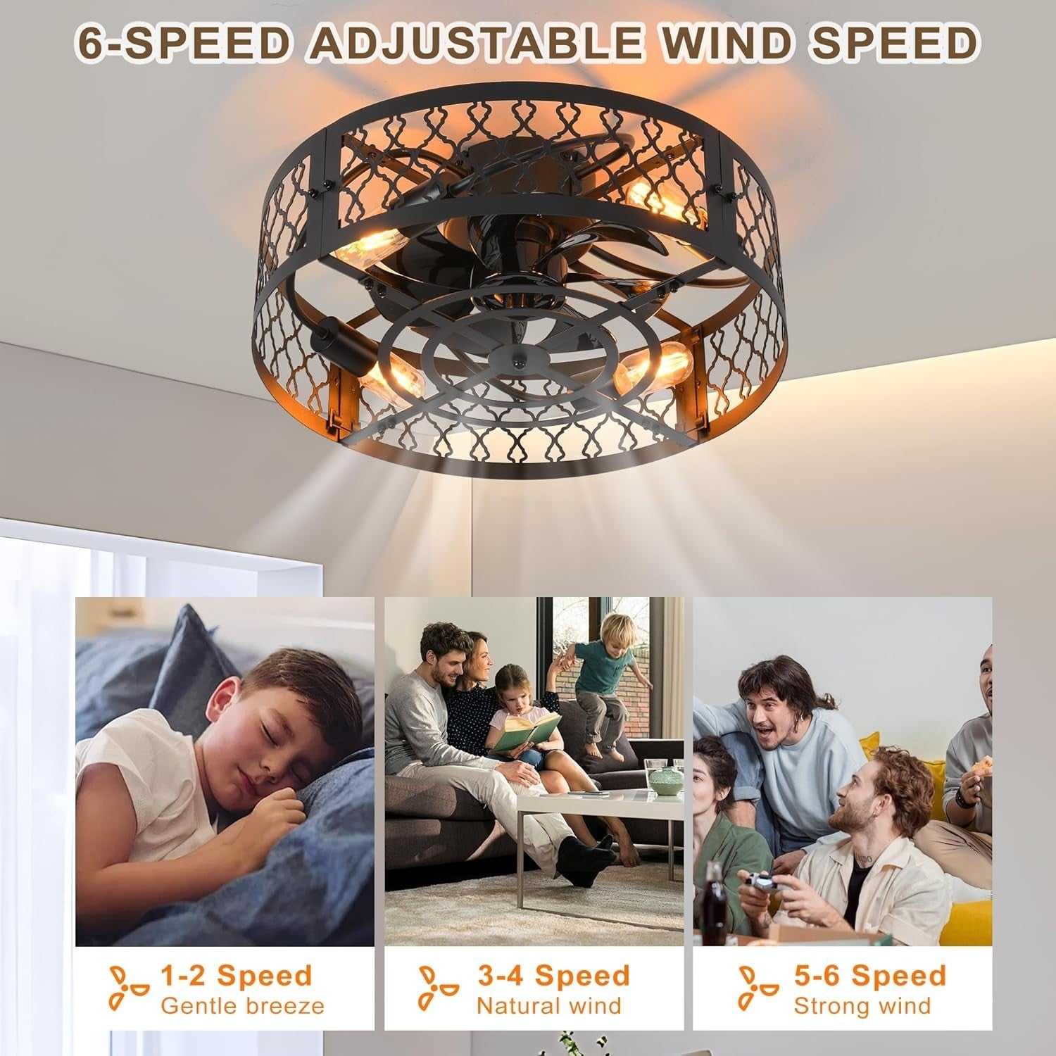 50cm Industrial Ceiling Fan Light, Black Caged, 6 Speed, 4 Lights, Remote