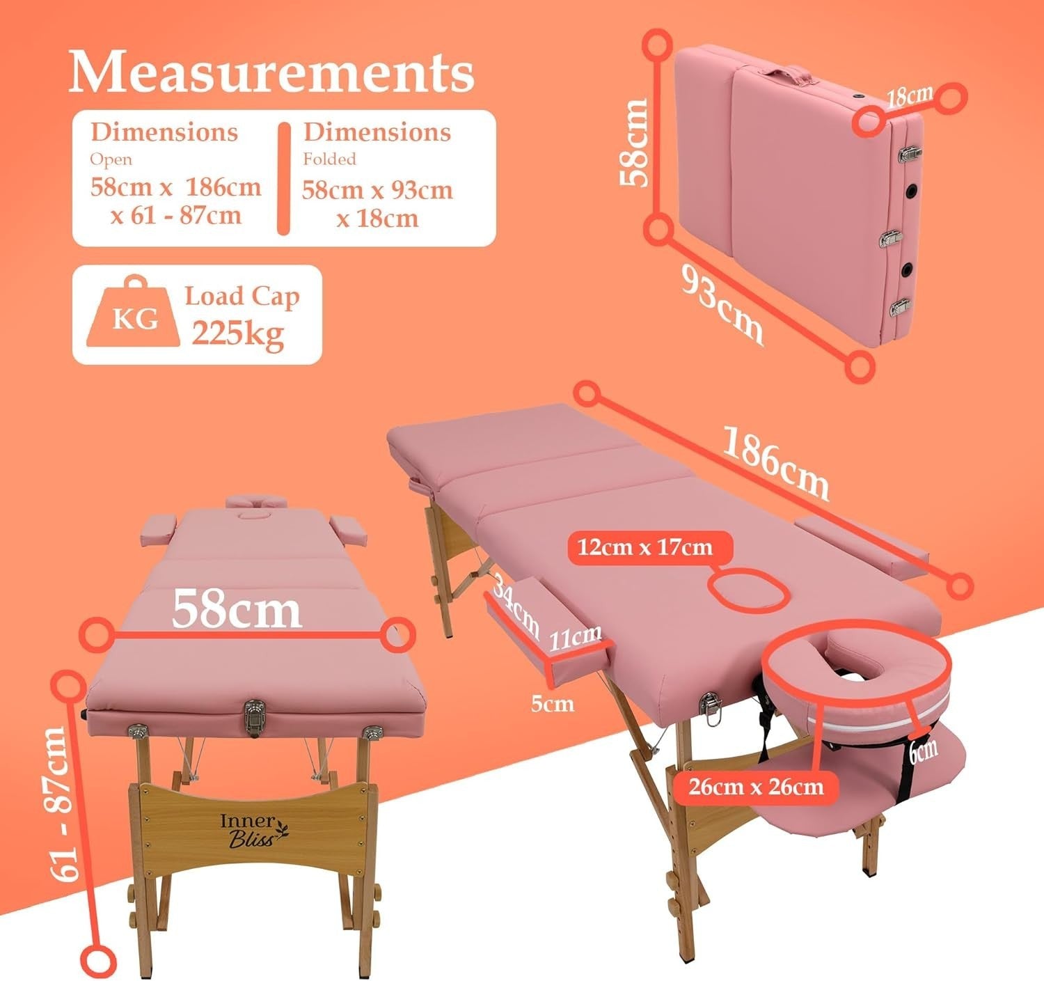 Portable Massage Table 3-Section Folding Therapy Bed w/ Backrest Cradle Pink