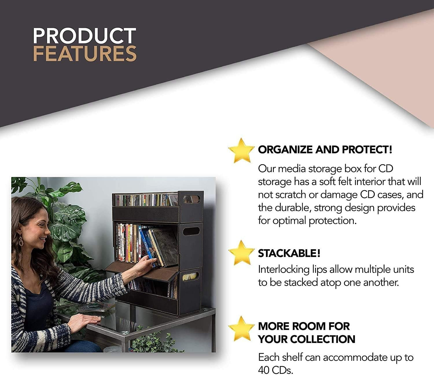 Stackable CD Storage Tray Faux Leather Media Organizer Holds 40 CDs