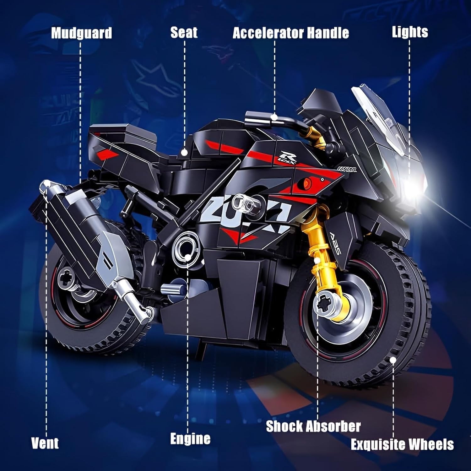 326-Piece Motorcycle Building Kit with Rotatable Handlebars & Shock Absorbers