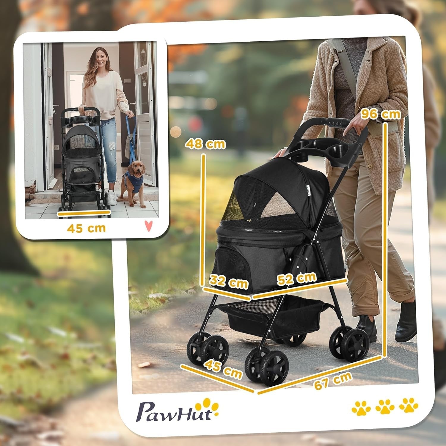 Foldable Dog Stroller Pet Pushchair 4 Wheels Safety Leashes Black