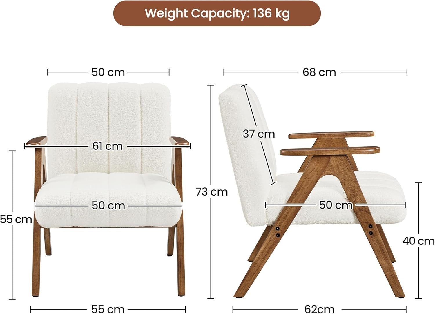 Boucle Accent Armchair Mid Century Lounge Chair Solid Wood Legs White