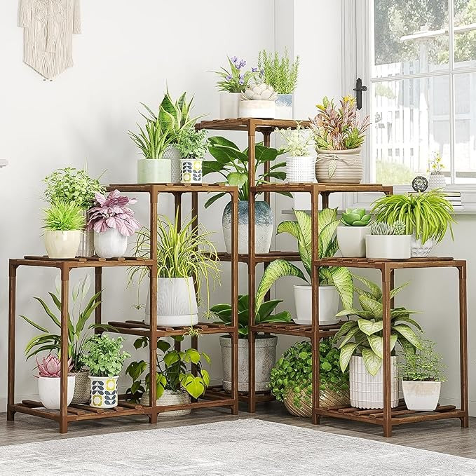 5 Tier Wooden Plant Stand Indoor Outdoor Corner Shelf for Multiple Flower Pots