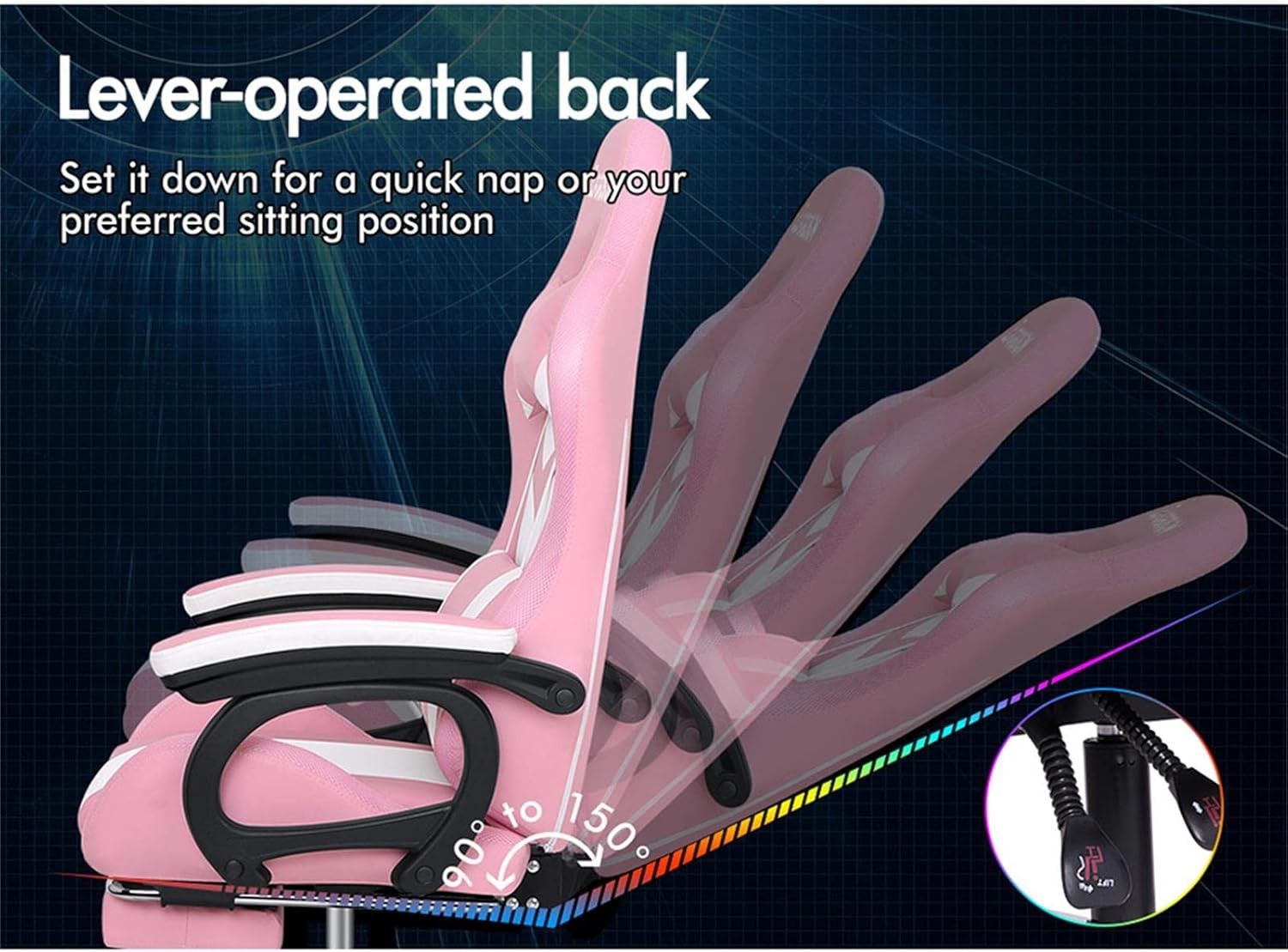 RGB LED Massage Gaming Chair Recliner w Footrest 150° Pink