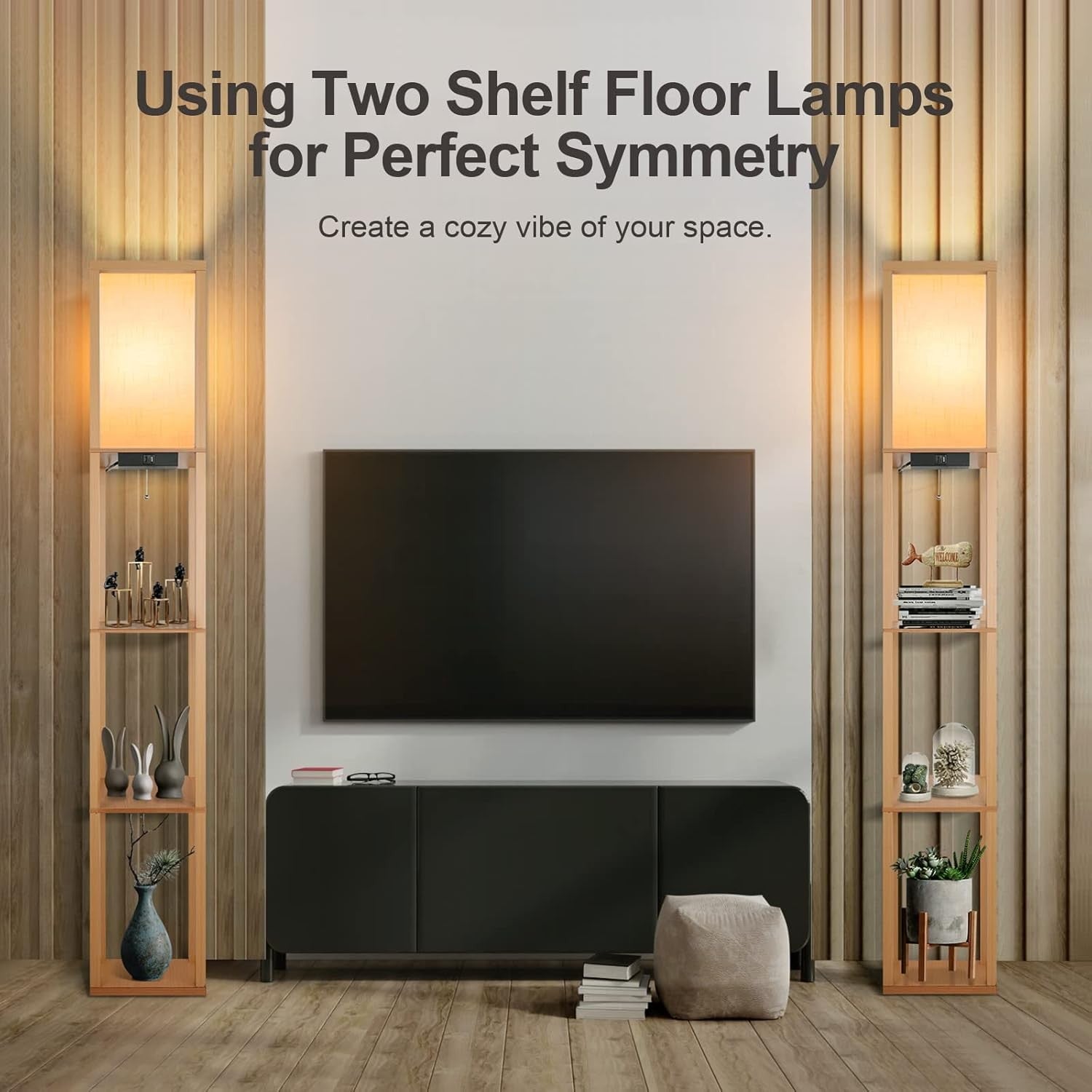 Floor Lamp with Shelves USB C Charging LED Wooden Standing Storage Light