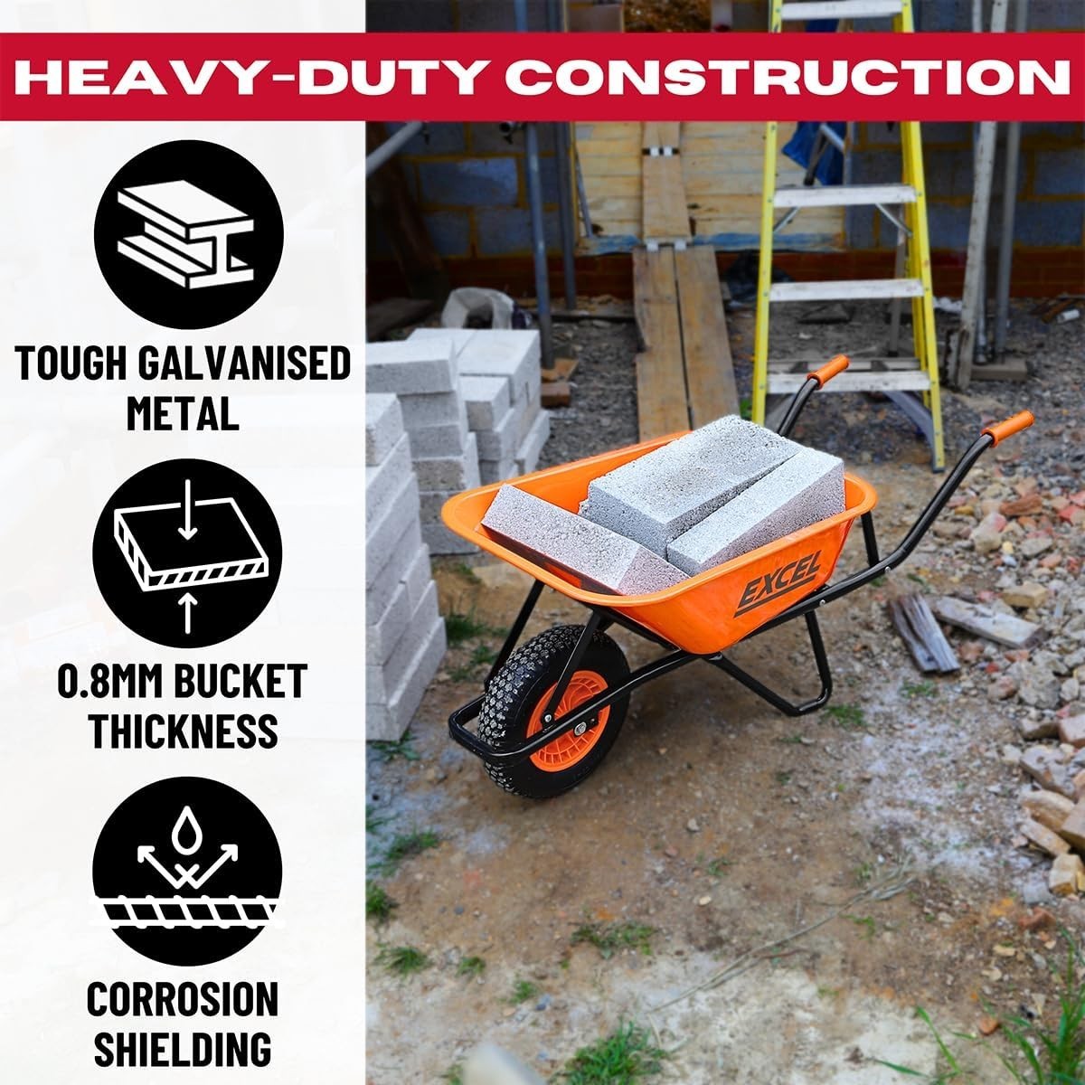 70L Orange Wheelbarrow – Galvanised Steel Frame Pneumatic Tyre 200kg Load