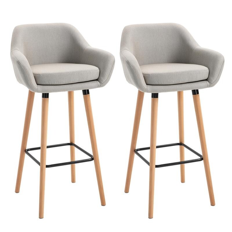 2x Beige Linen Bar Stools with Backrest Armrest Wood Legs for Kitchen