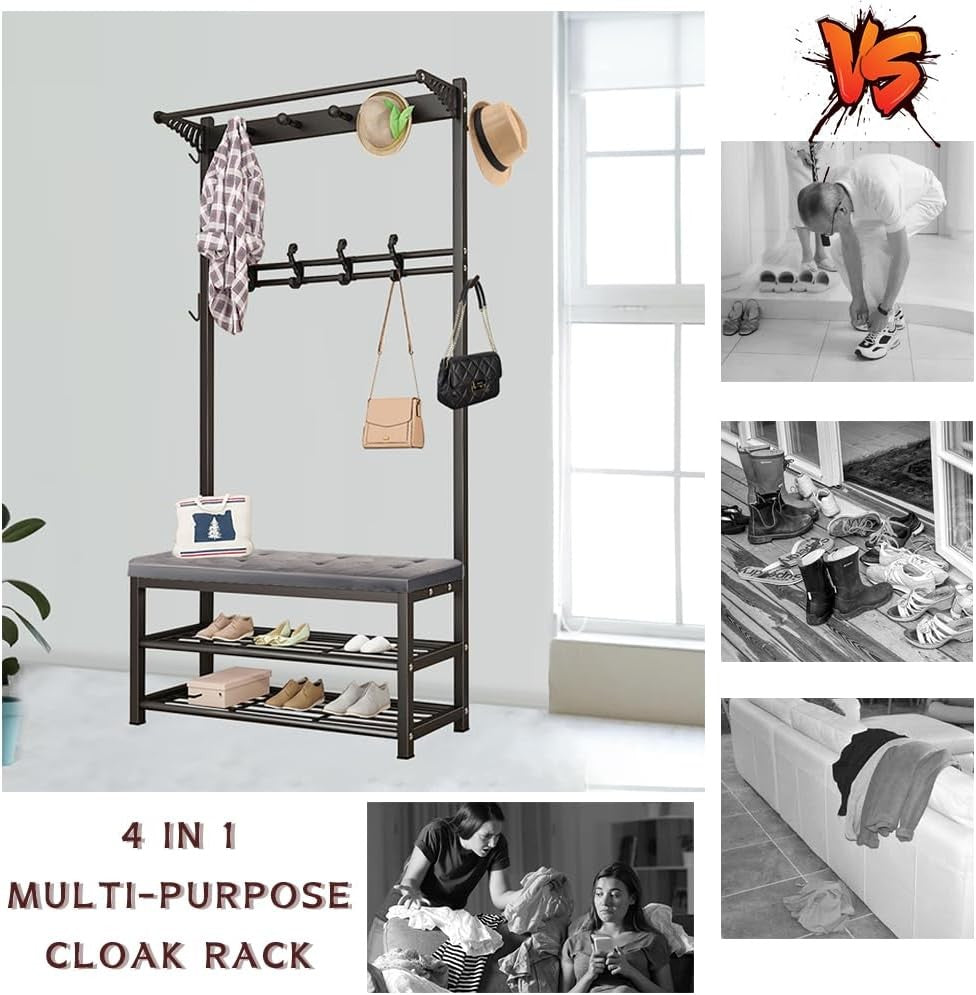 Industrial Hall Tree Coat Rack with Bench | Shoe Storage Shelf 100cm Black
