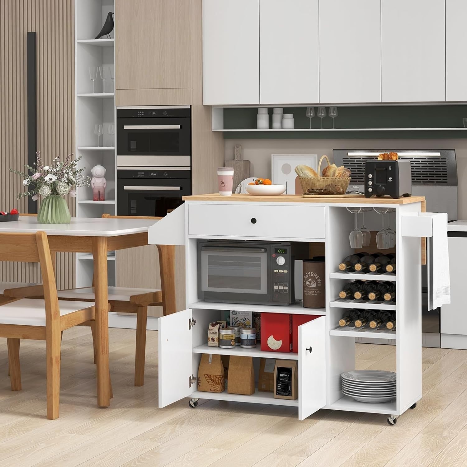 Rolling Kitchen Island Cart with Drop Leaf, Wine Rack & Adjustable Shelves