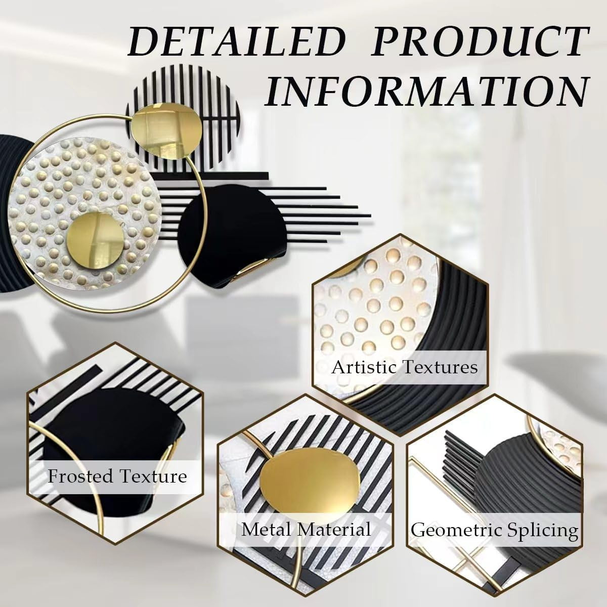 Modern Metal Wall Art Black Gold Geometric Sculptures for Living Room
