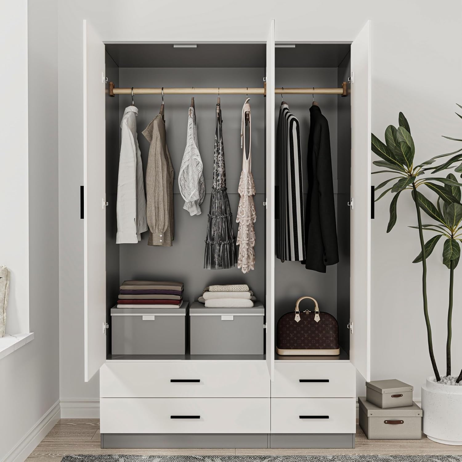 3 Door Wardrobe Grey White 4 Drawer Bedroom Storage Cupboard Hanging Rail