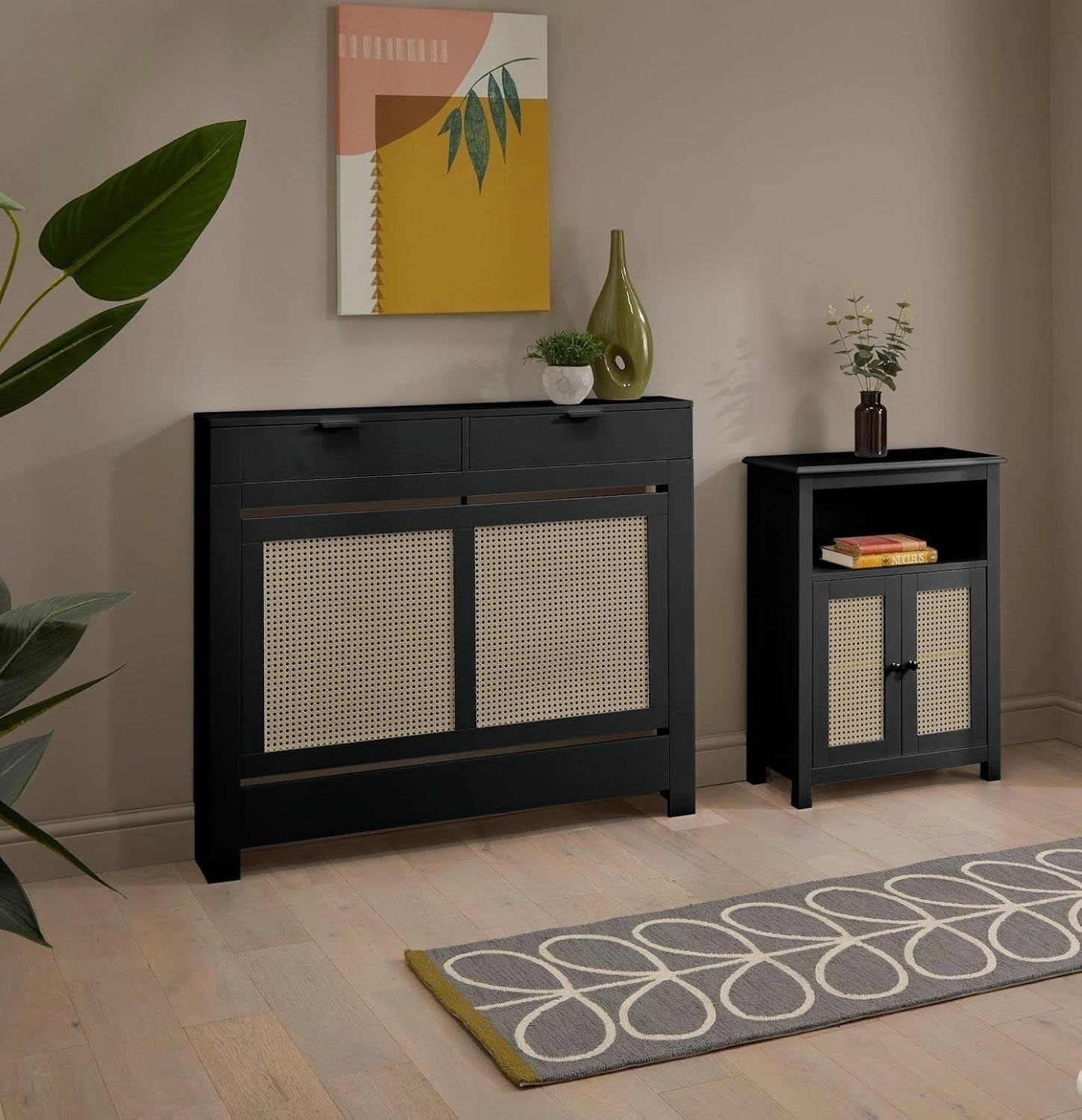 Black Radiator Cover Cabinet with Rattan Panels Storage Drawers & Shelf, Medium