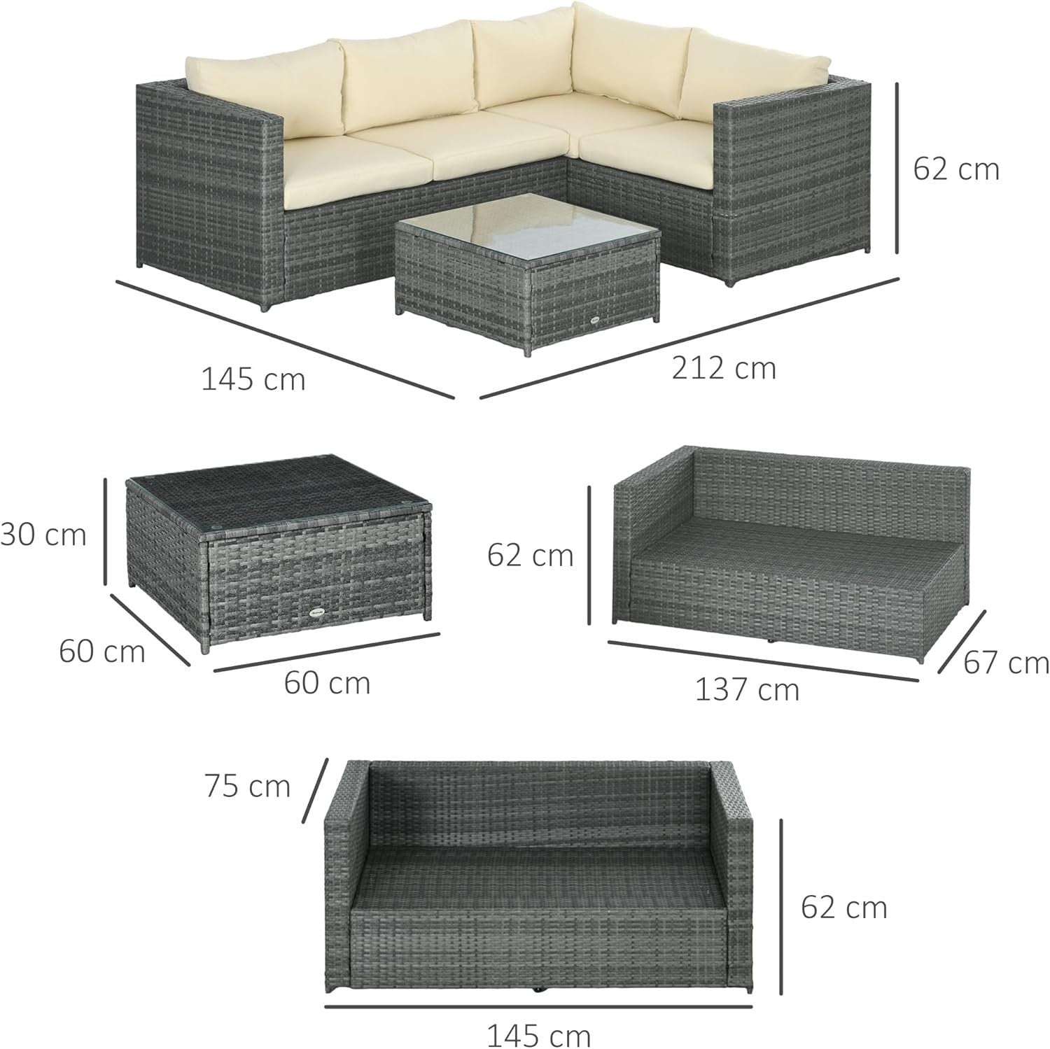 4-Seater L-Shaped PE Rattan Garden Sofa Set with Thick Cushions & Glass Table
