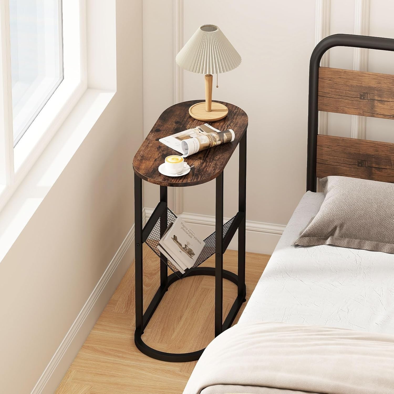 Slim Oval Side Table with Magazine Holder, 2-Tier Metal Frame Bedside Sofa Table