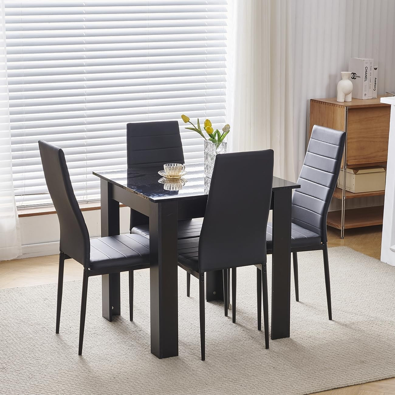 3 Piece Dining Table Set Black PU Chairs Small Space Kitchen Apartment