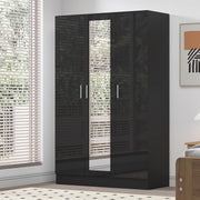 3 Door Mirrored Wardrobe Black Gloss & Black Oak with Shelves & Hanging Rail