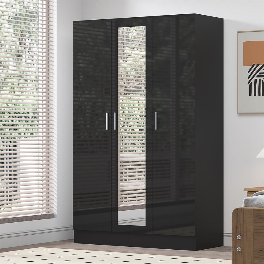 3 Door Mirrored Wardrobe Black Gloss & Black Oak with Shelves & Hanging Rail