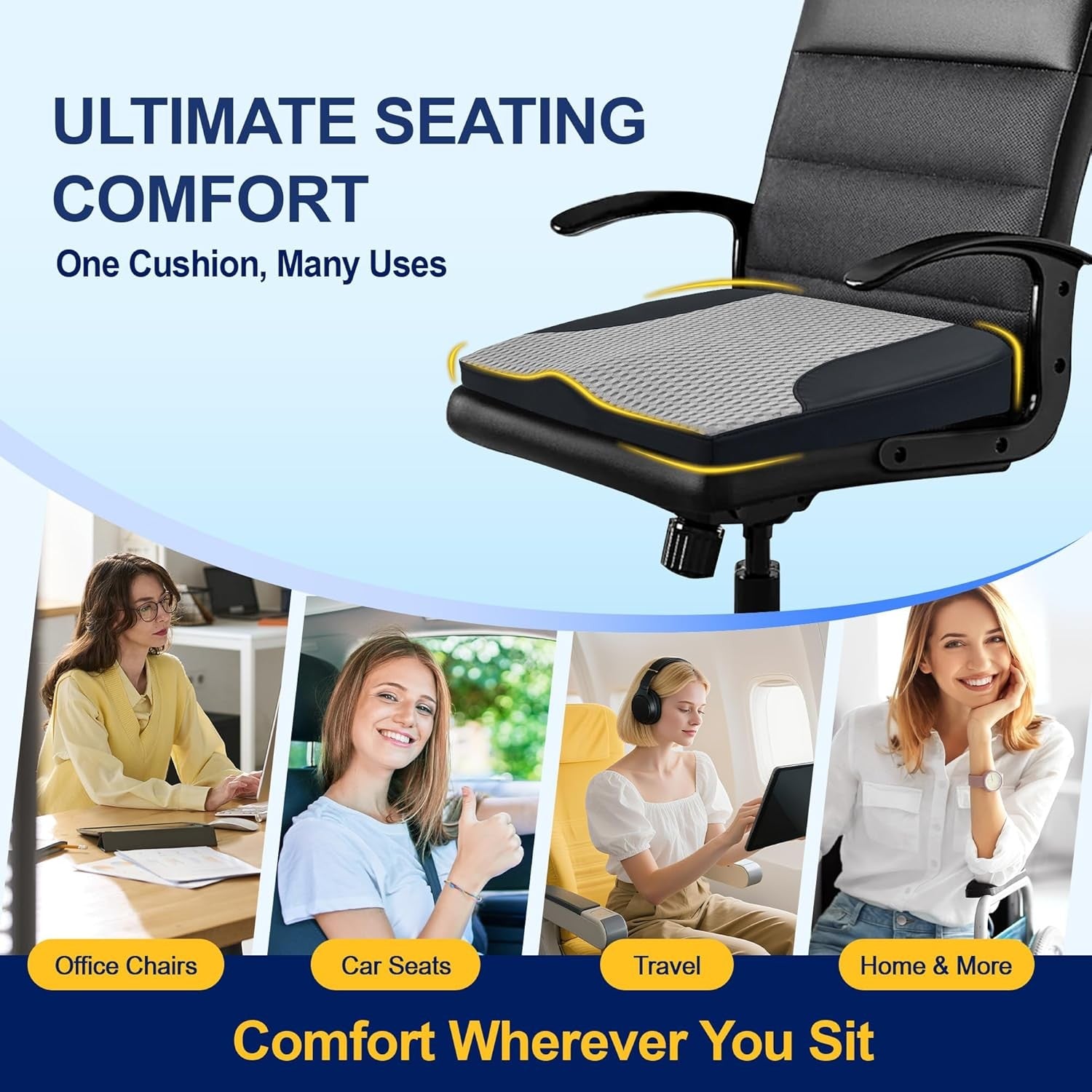 Memory Foam Car Seat Cushion Height Booster Coccyx Back Pain Relief