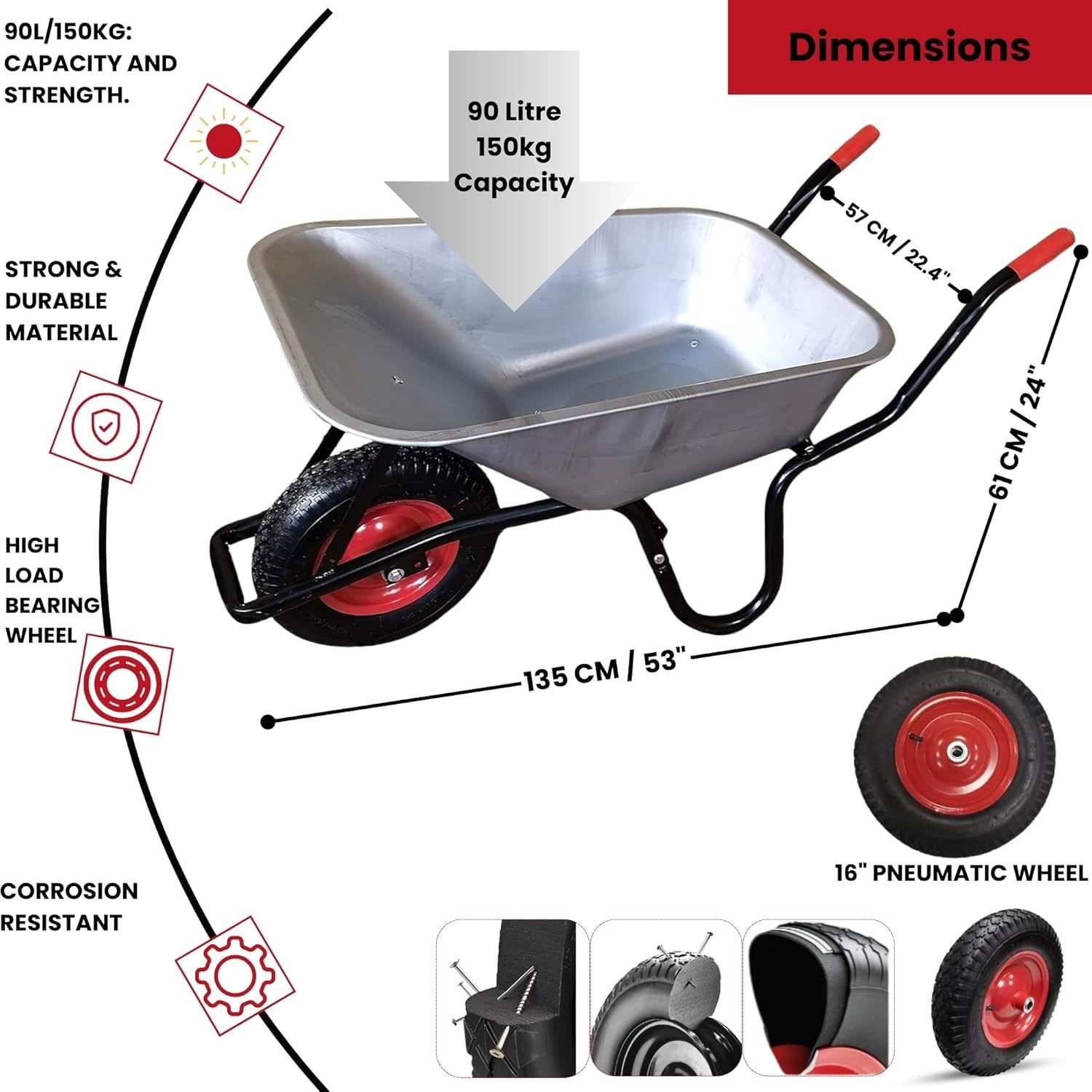 90L Galvanised Wheelbarrow – Metal Tub w/ Pneumatic Tyre & Steel Frame 150kg