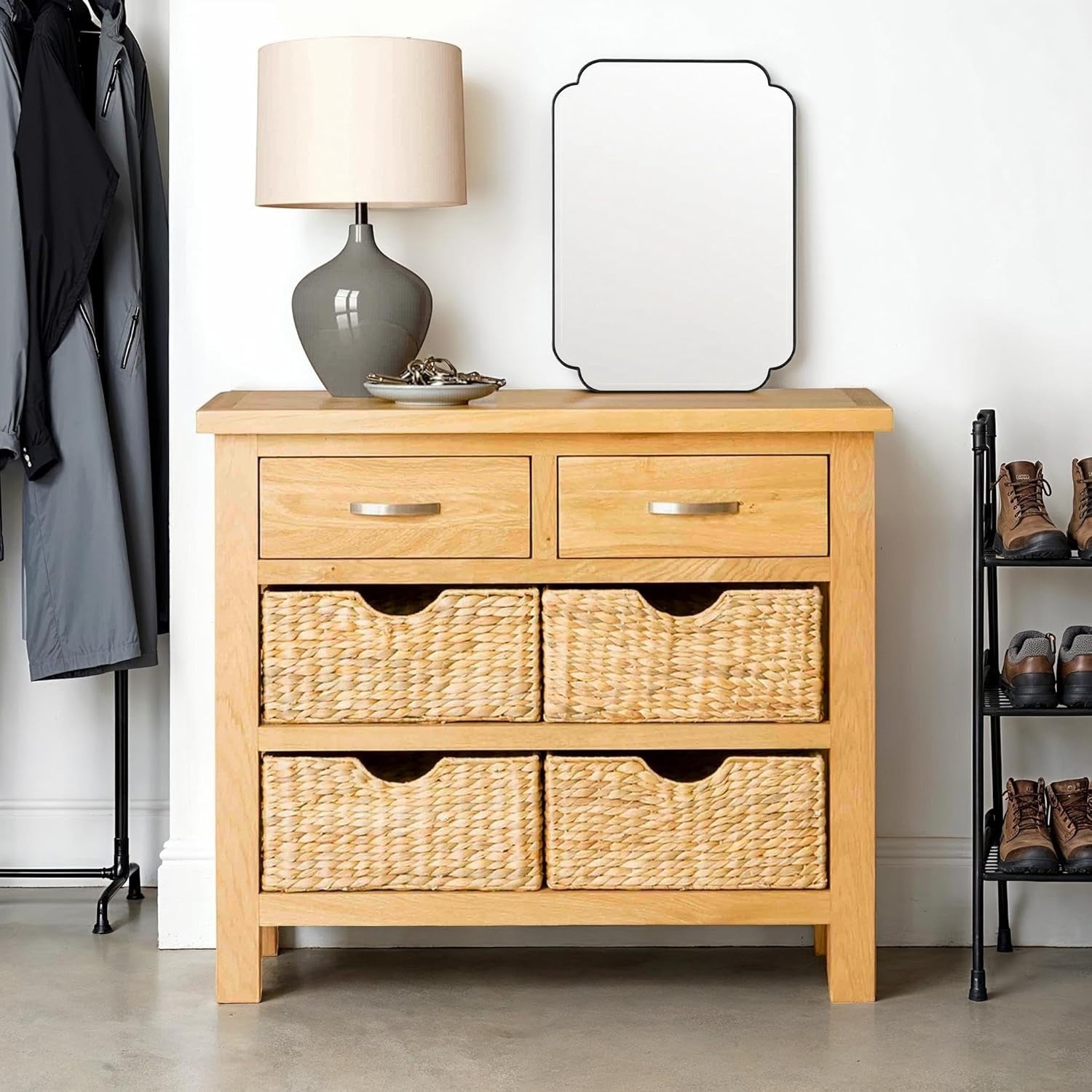 Wooden Console Table with 2 Drawers & 3 Baskets, Storage Cabinet, Hallway