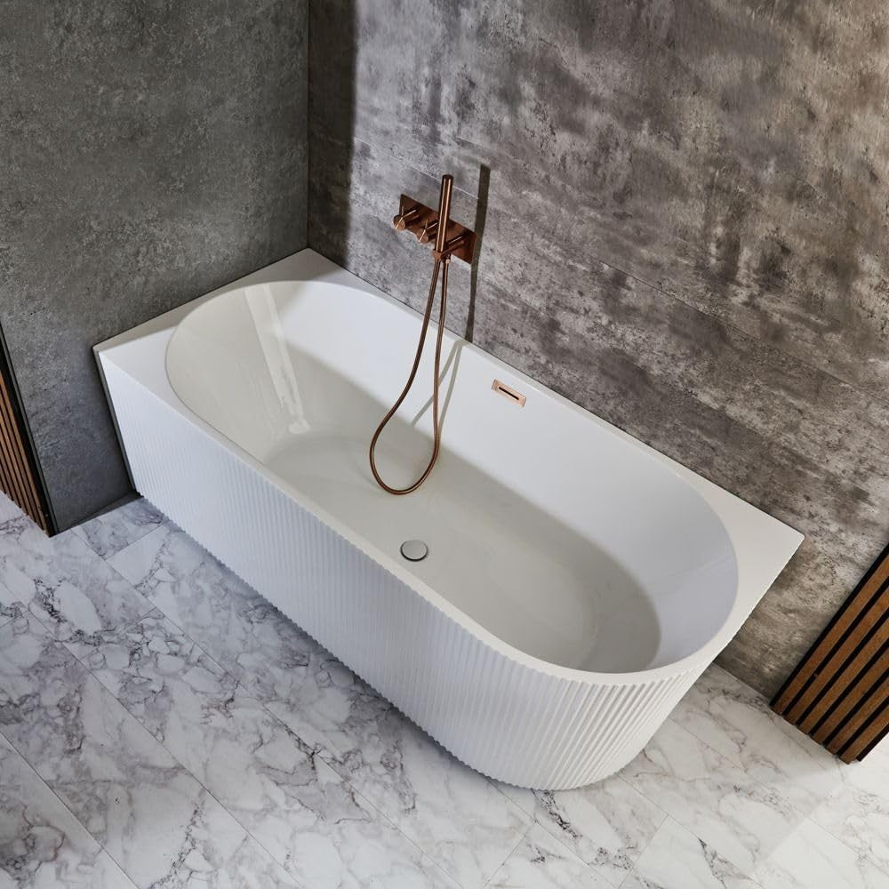 White Left Hand Fluted Corner Bath 1700x800mm Copper Overflow